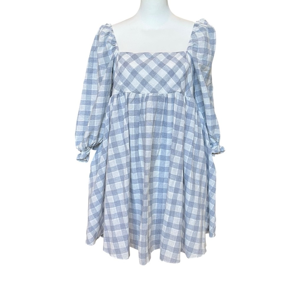 Judith March Babydoll Dress Size Medium Light Blue Gingham Mini Pockets Coquette